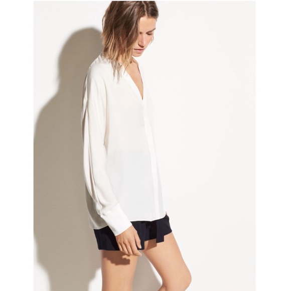 VINCE V-Neck Rib Trim Silk Blouse in Off White - Picture 3 of 13